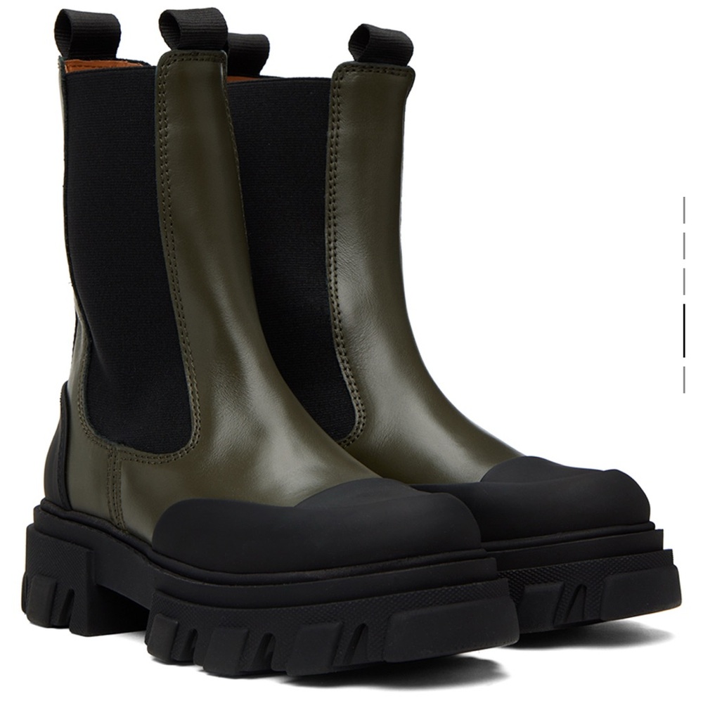 Ganni Olive Green and Black Cleated Chelsea Boots - Picture 5 of 7